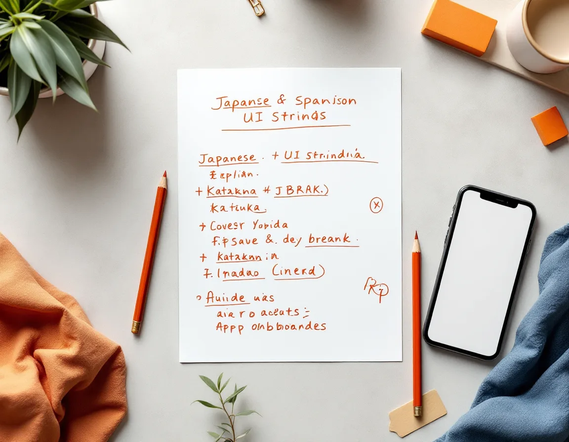 A printed sheet of Japanese and Spanish UI strings marked up in rust pencil, katakana circled, next to a phone showing a Japanese onboarding screen.