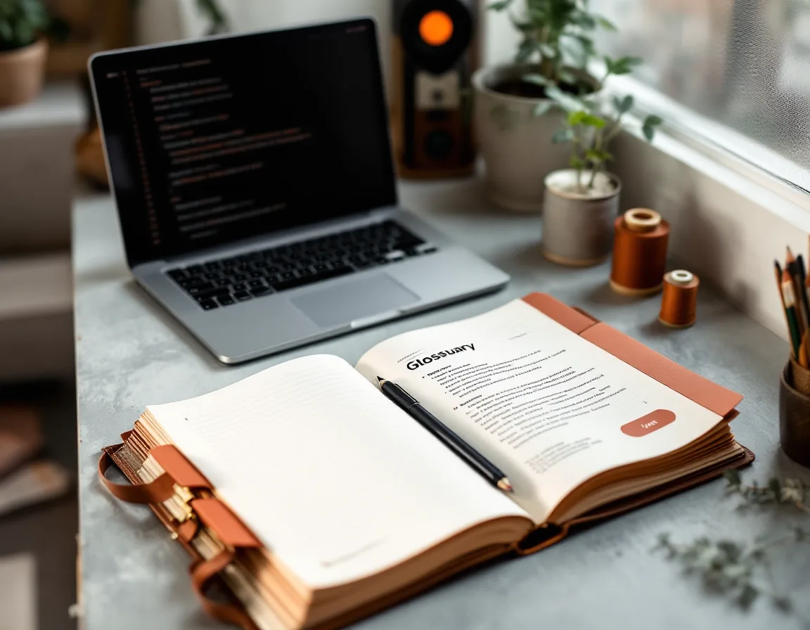 A studio desk by a window with an open laptop showing strings, a tabbed glossary booklet with pencil notes, a brass zipper pull and a spool of rust thread.